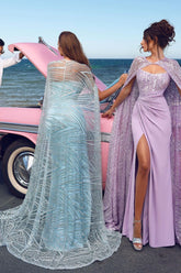 Gorgeous Sky Blue Sweetheart Mermaid Evening Dress Split With Cape